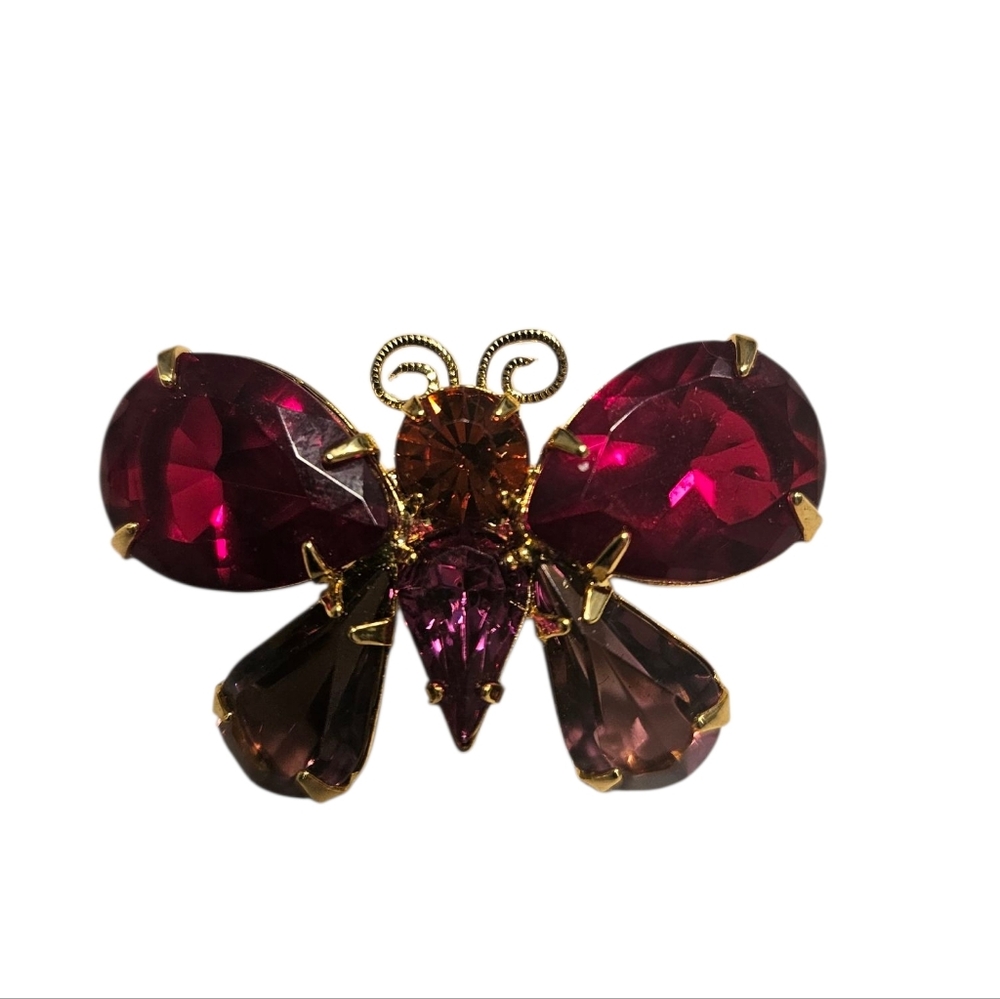 Vintage Joan Rivers Butterfly Brooch In Red And Violet Rhinestones